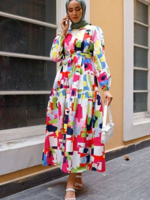 In Style Pembe Renkli Fırça Motifli Kuşaklı Elbise