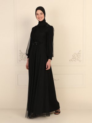 MODAYSA Siyah Helen Tül Detaylı Abiye Elbise