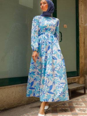 In Style Bebe Mavisi Renkli Yapraklı Prenses Omuz Elbise