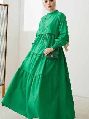 In Style Yeşil Tek Kat Detay Salaş Elbise