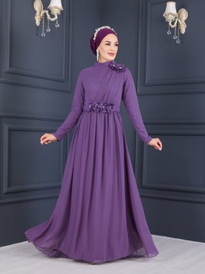Moda Echer Lila Gül Çiçek Detaylı Şifon Abiye Elbise