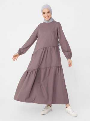 Benin Vintage Mor Kat Kat Kesimli Salaş Elbise