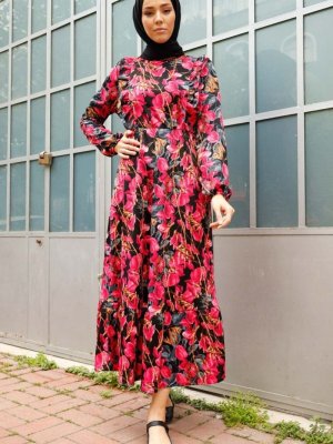 In Style Gül Kurusu Fırfırlı Lale Desenli Elbise