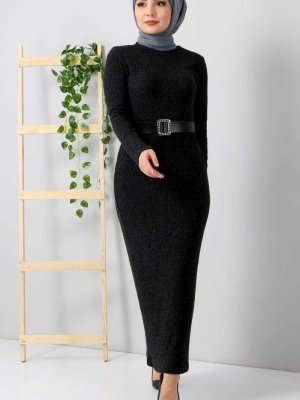 Tesettür Dünyası Siyah Kemerli Triko Elbise
