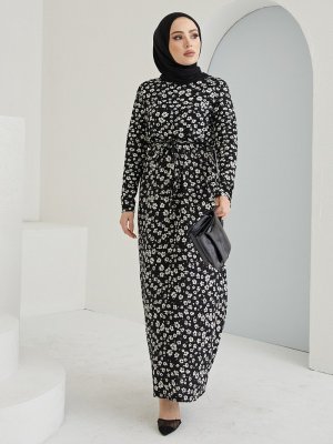 MODAEFA Siyah Desenli Kuşaklı Elbise