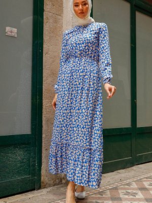 In Style İndigo Papatya Yapraklı Desen Dokuma Elbise