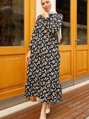In Style Siyah Fırfır Detaylı Çiçek Desen Elbise