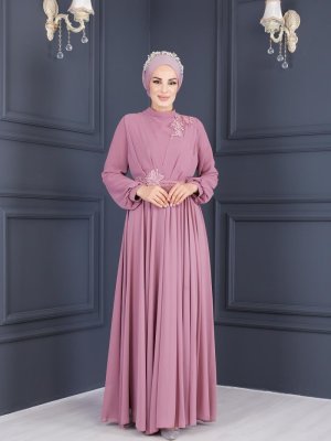 Moda Echer Gül Kurusu Güpür Detaylı Şifon Abiye Elbise