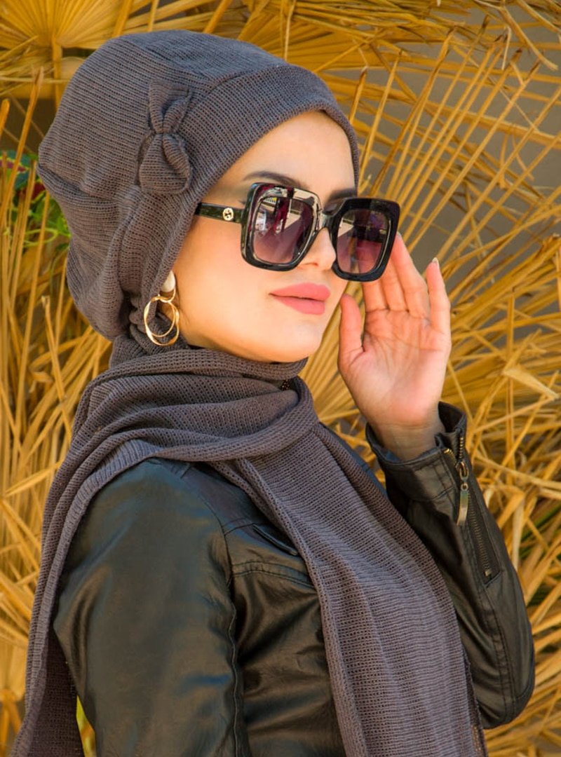 AİŞE TESETTÜR Füme Fiyonklu Triko Bere