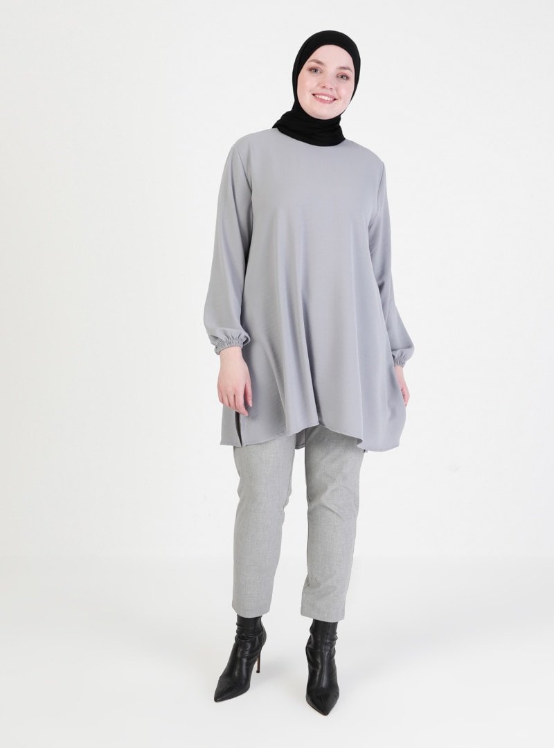 Butik Miray Gri Kol Uçları Lastikli Tunik