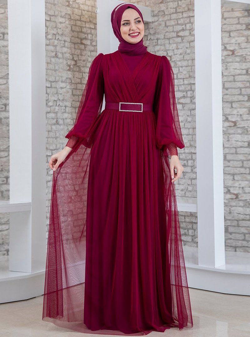 Fashion Showcase Design Mürdüm Taş Detaylı Tüllü Abiye Elbise