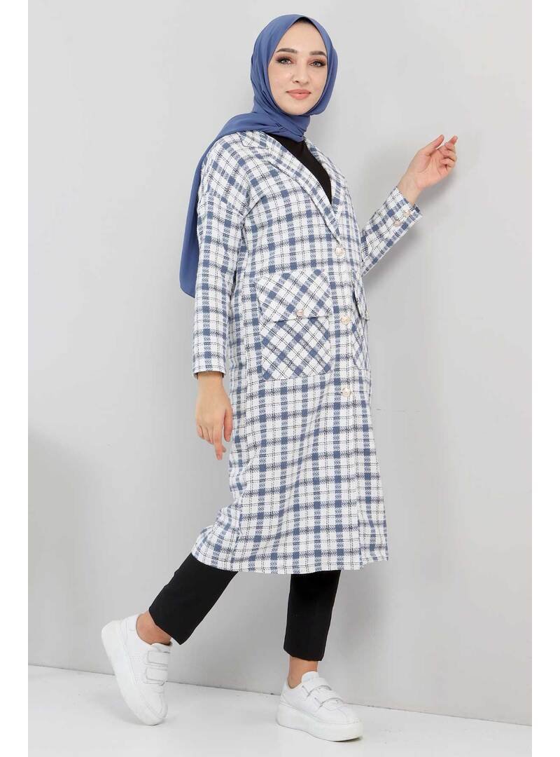 Tesettür Dünyası İndigo Cep Detaylı Uzun Kap