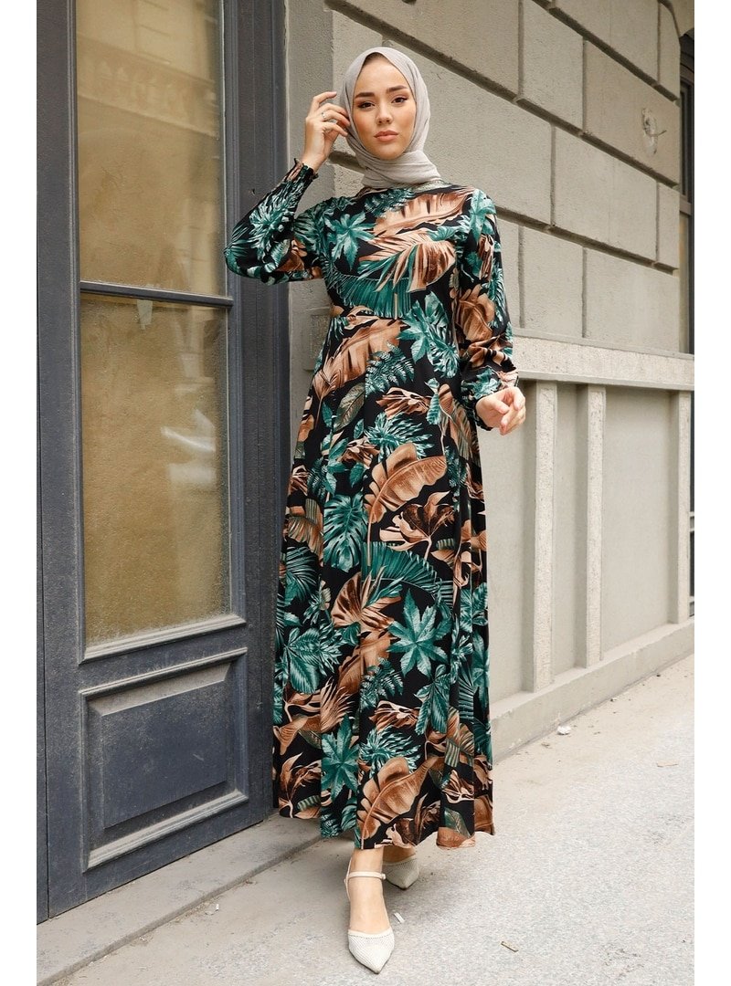 In Style Mint Yaprak Desenli Kolu Büzgülü Elbise