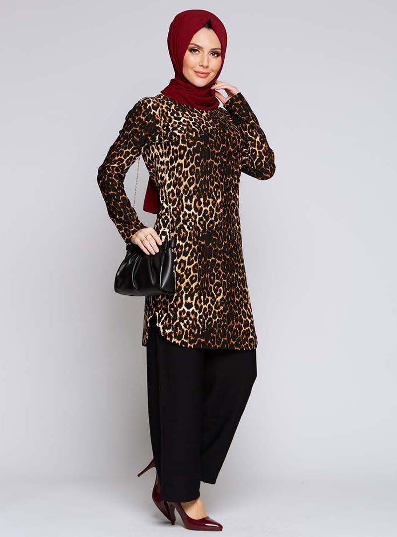 Topless Koyu Vizon Leopar Desenli Tunik