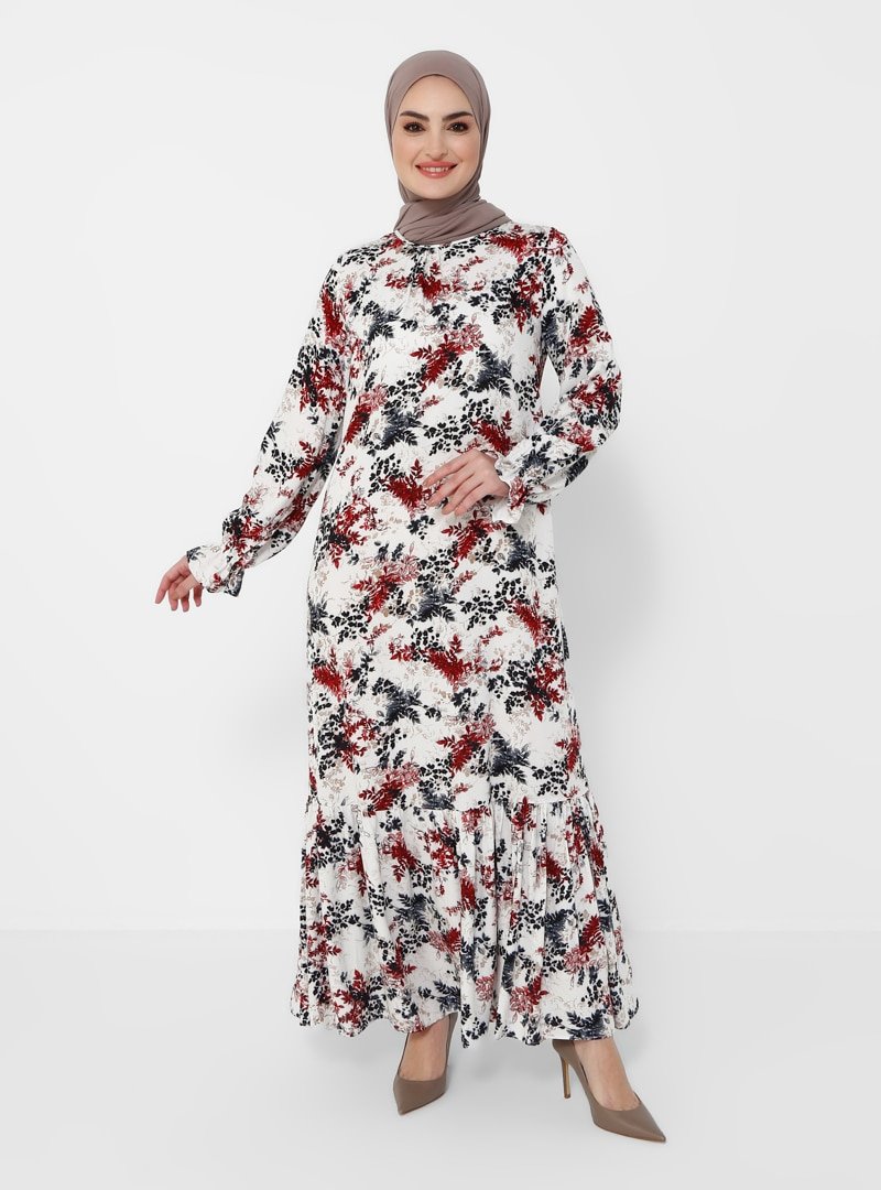 Tavin Bordo Doğal Kumaşlı Kuşaklı Çiçek Desenli Elbise
