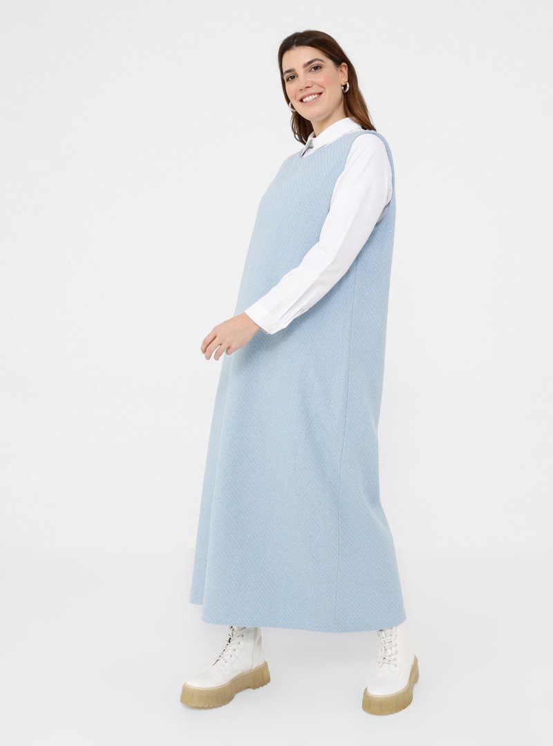 Alia Mavi Büyük Beden Pamuk Kumaşlı Kolsuz Elbise