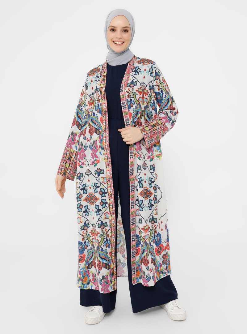 Refka Ekru Bordür Desenli Kimono