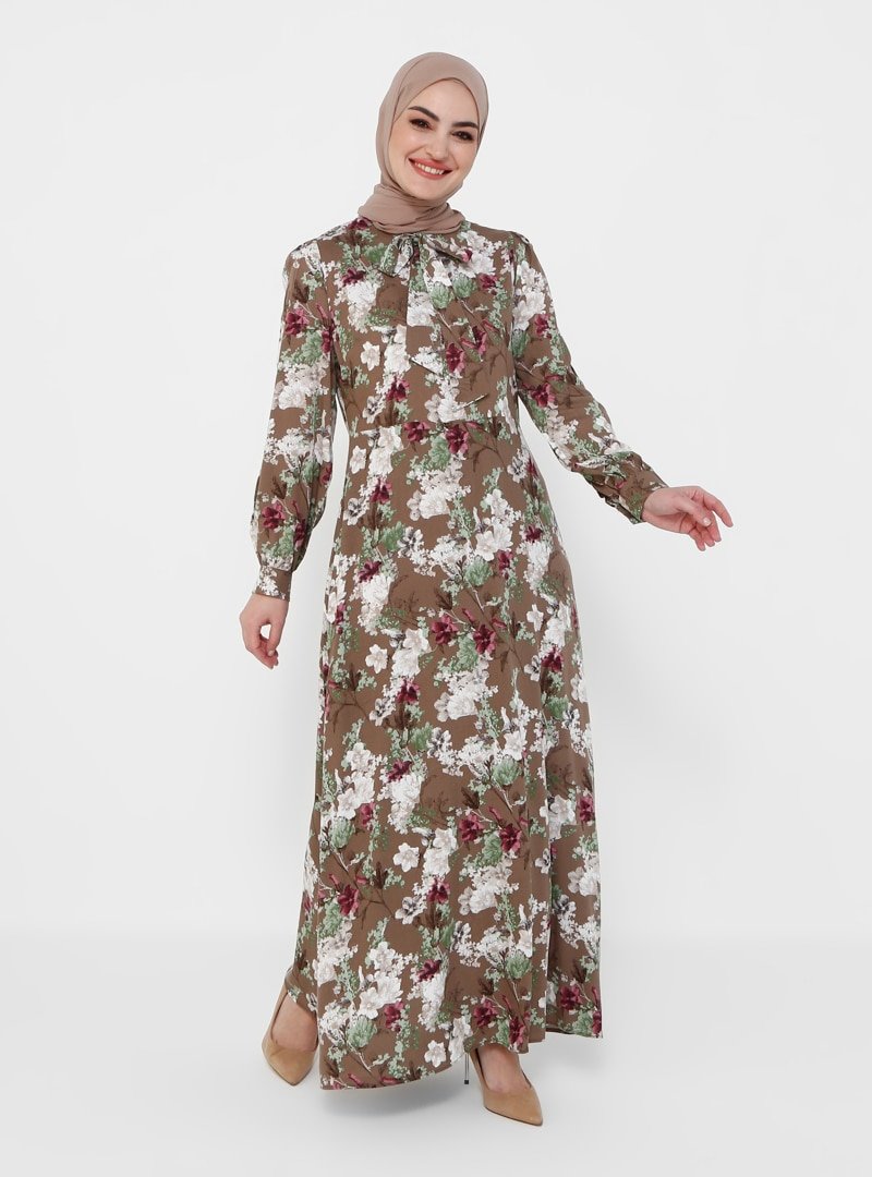 Tavin Vizon Doğal Kumaşlı Kurdele Detaylı Desenli Elbise