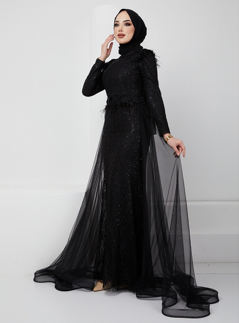 Olcay Siyah Tüy Ve İnci Detaylı Tül Etekli Dantel Abiye Elbise