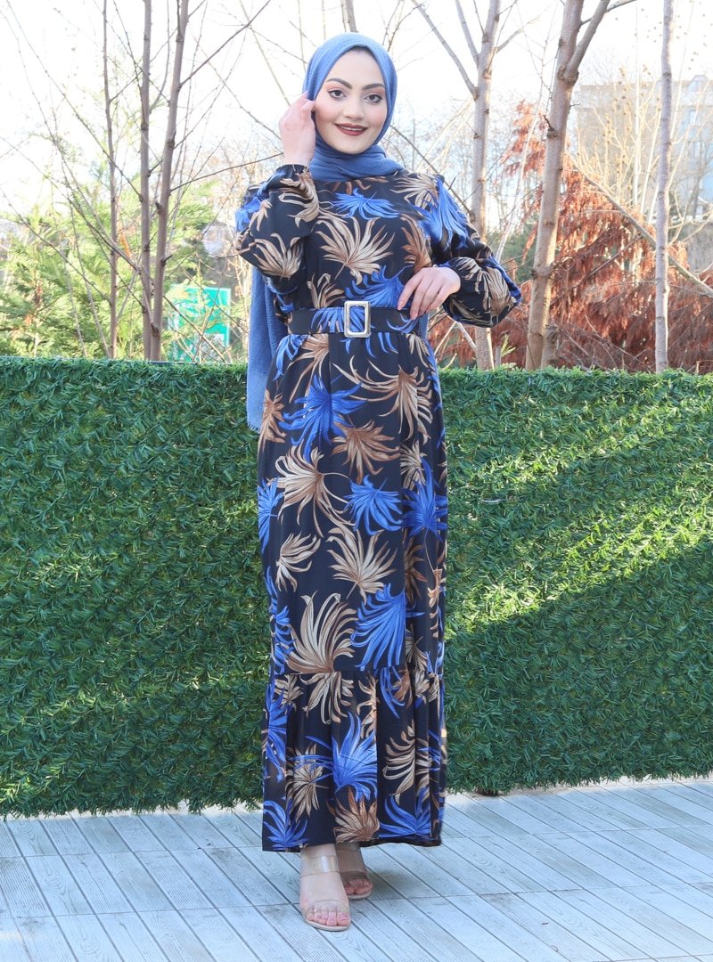 Sevit-Li Mavi Siyah Kemerli Desenli Elbise