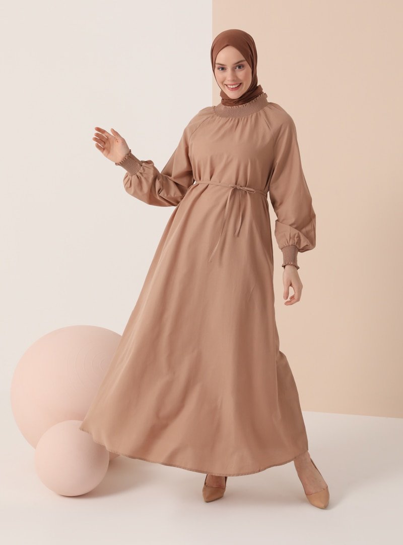 İnşirah Camel Kol Uçları Lastikli Elbise