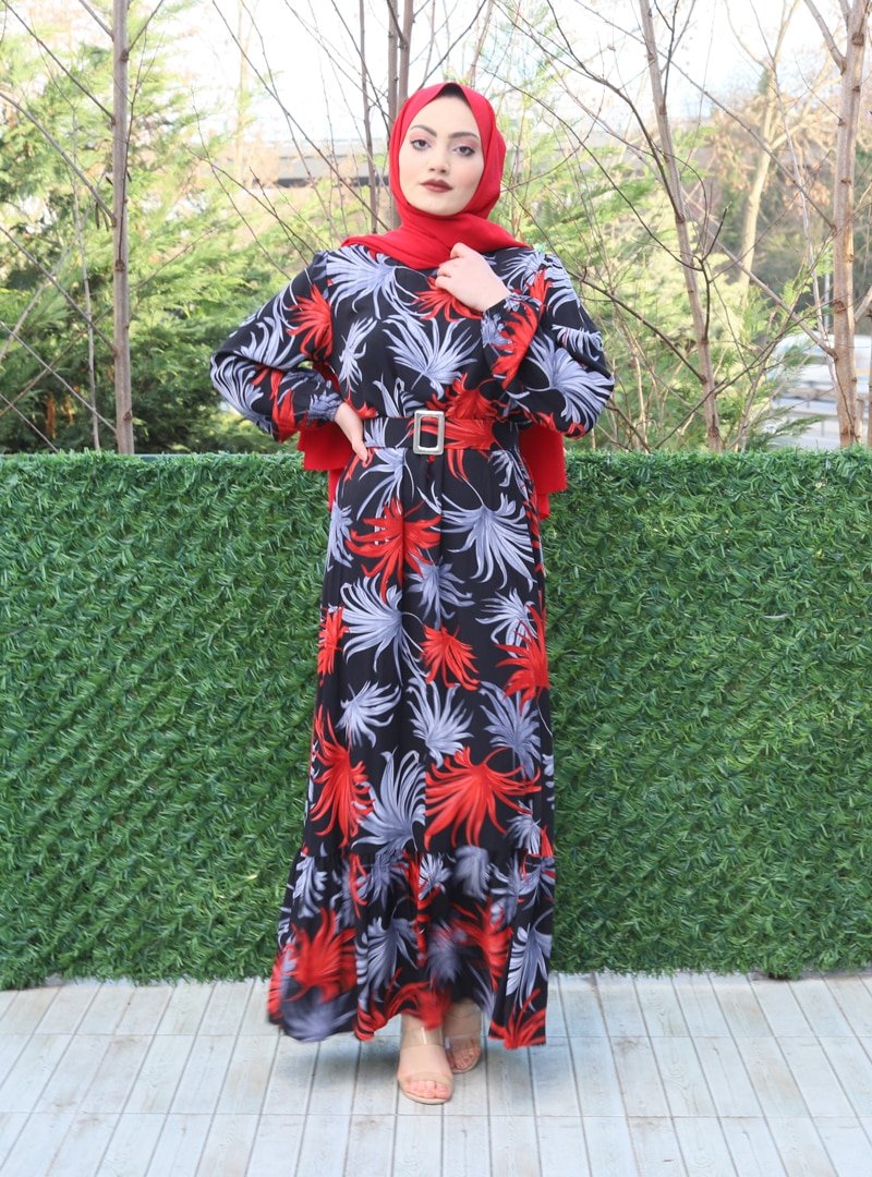 Sevit-Li Kırmızı Siyah Kemerli Desenli Elbise