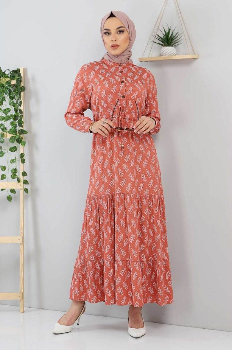 Tesettür Dünyası Somon Yaprak Desenli Elbise