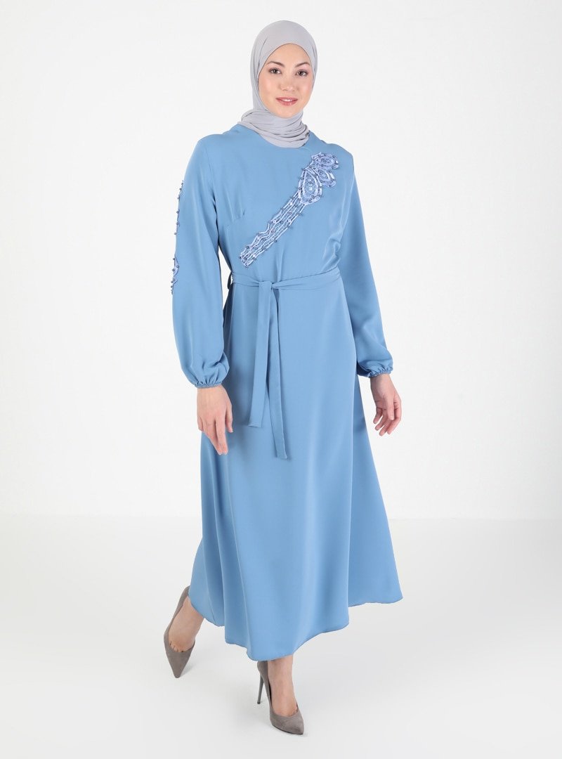 Mileny Mavi Boncuk Detaylı Dantelli Elbise