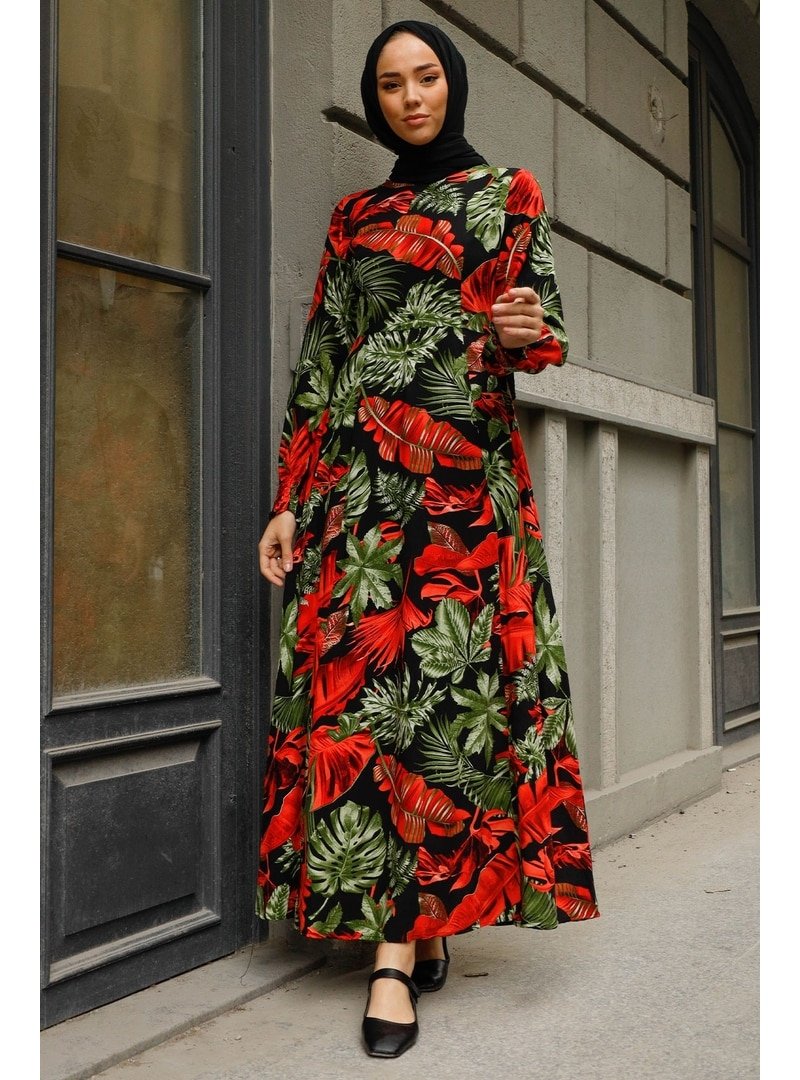 In Style Bordo Yaprak Desenli Kolu Büzgülü Elbise