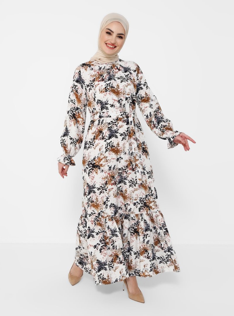 Tavin Ekru Doğal Kumaşlı Kuşaklı Çiçek Desenli Elbise