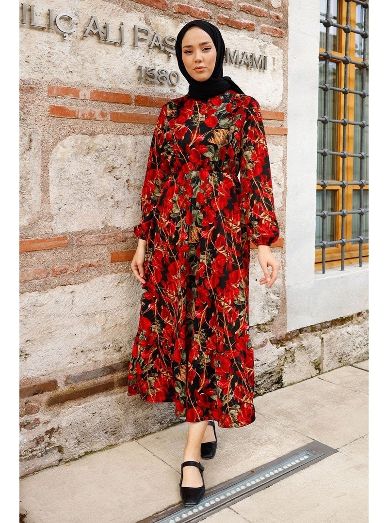In Style Bordo Fırfırlı Lale Desenli Elbise