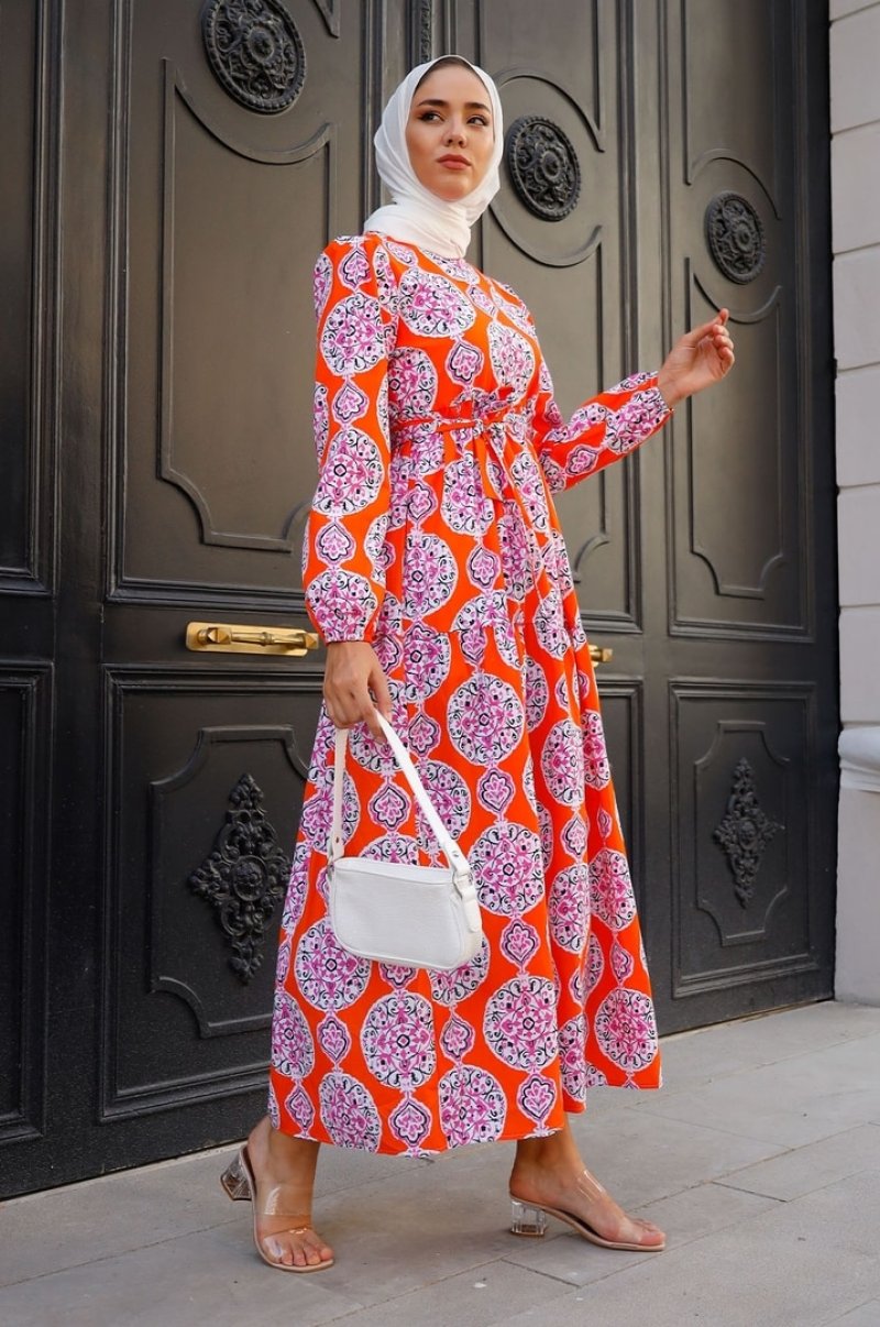 In Style Oranj Ebruli Çiçek Baskılı Elbise