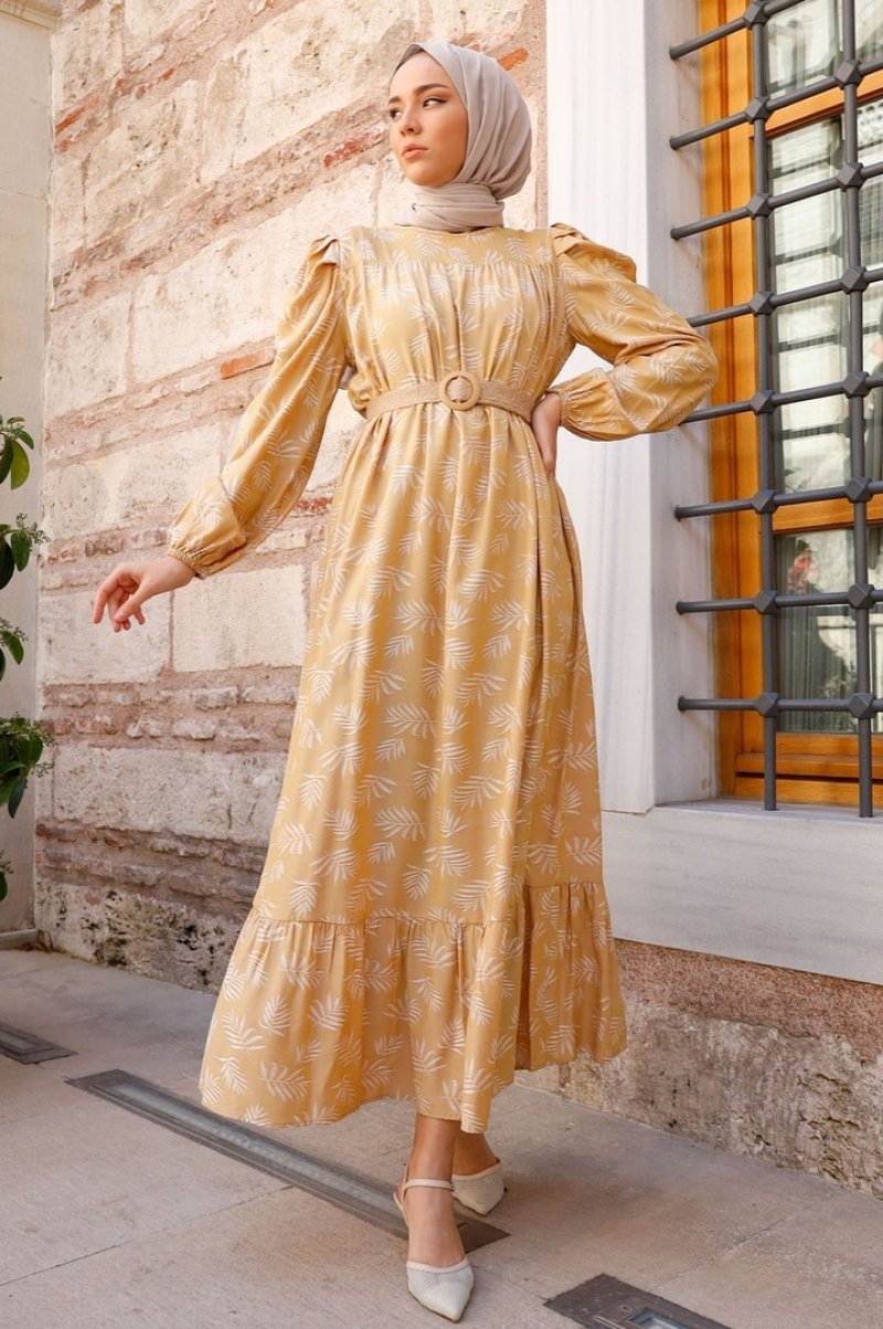 In Style Hardal Yaprak Desen Jakarlı Elbise