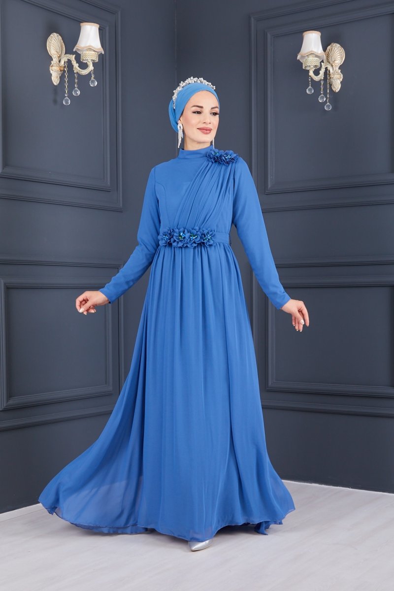 Moda Echer İndigo Gül Çiçek Detaylı Şifon Abiye Elbise
