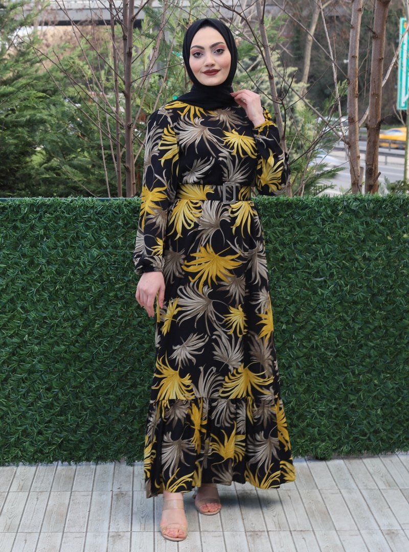 Sevit-Li Sarı Siyah Kemerli Desenli Elbise