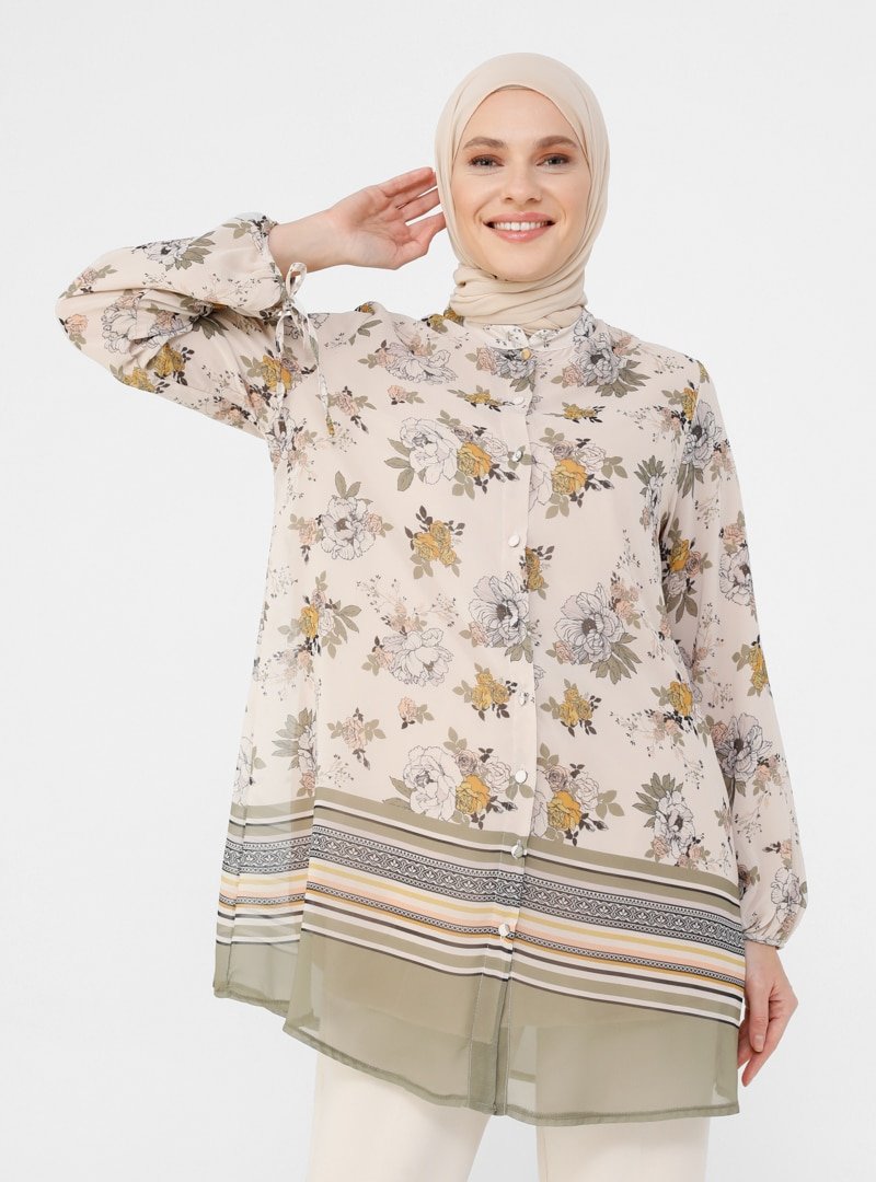 Refka Bej Yeşil Çiçek Desenli Kolları Bağcık Detaylı Astarlı Şifon Tunik