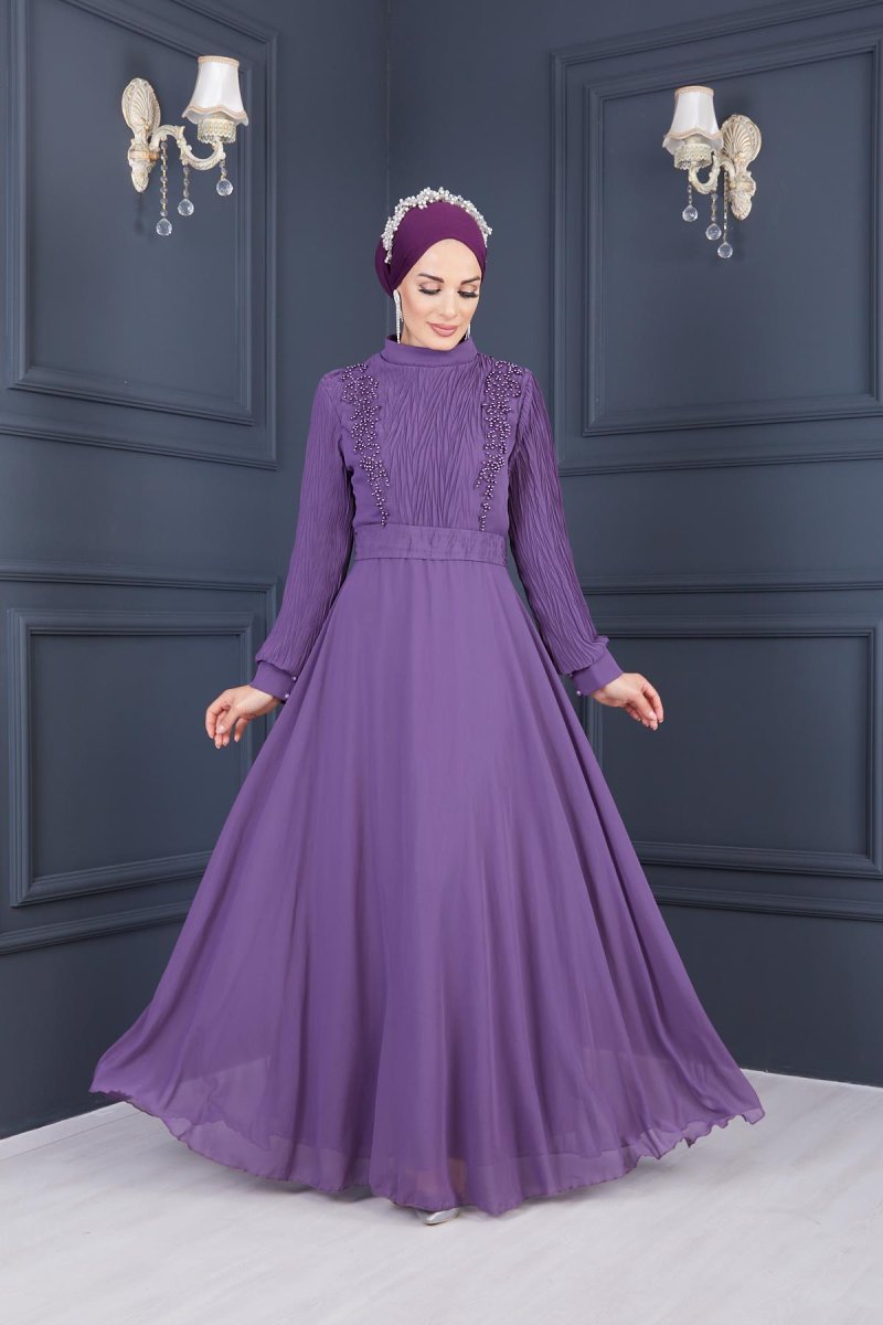 Moda Echer Lila Piliseli Ve Güpür Detaylı Abiye Elbise