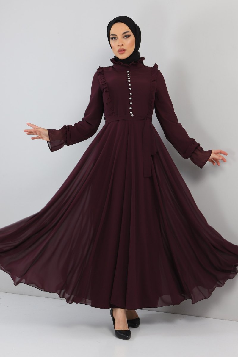 MISSVALLE Mürdüm Fırfır Detaylı Şifon Abiye Elbise