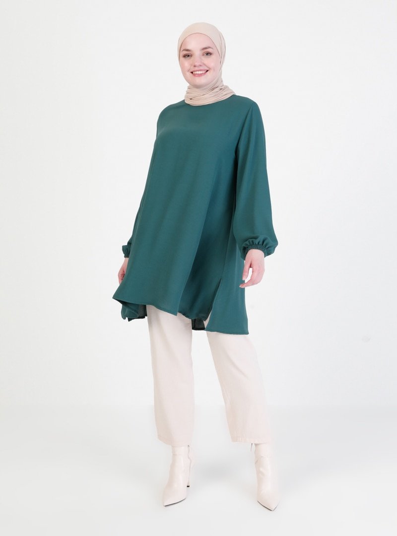 Butik Miray Zümrüt Yeşili Kol Uçları Lastikli Tunik