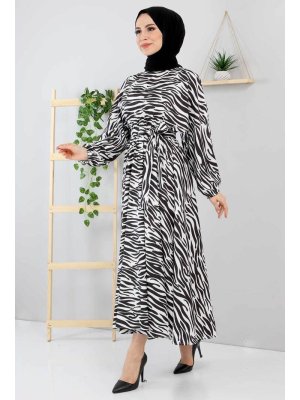 Tesettür Dünyası Siyah Zebra Desenli Elbise