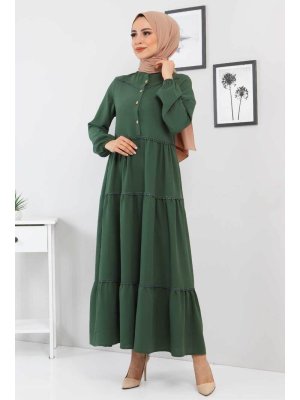 Tesettür Dünyası Yeşil Dantel Detaylı Elbise