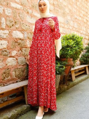In Style Bordo Yakası Bağcıklı Çıtır Desen Elbise