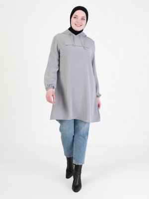 Butik Miray Gri Kapüşonlu Tunik