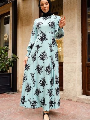 In Style Mint Kolu Büzgülü Çiçek Desen Elbise