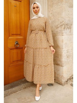 In Style Bej Çıtır Desen Piliseli Şifon Elbise