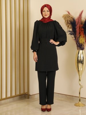 Fashion Showcase Design Siyah Balon Kol Tunik & Pantolon İkili Takım