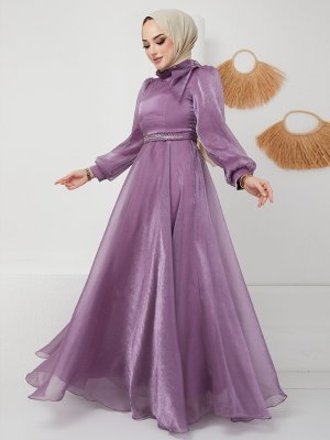 Olcay Lila Omuzu Ve Beli Taş Detaylı Kloş Abiye Elbise