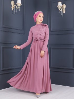 Moda Echer Gül Kurusu Çiçek Detaylı Şifon Abiye Elbise