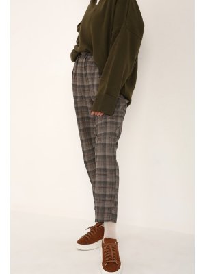 Allday Bej Ekoseli Cepli Pileli Slouchy Pantolon