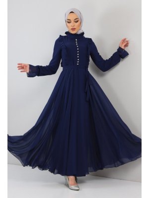 MISSVALLE İndigo Fırfır Detaylı Şifon Abiye Elbise